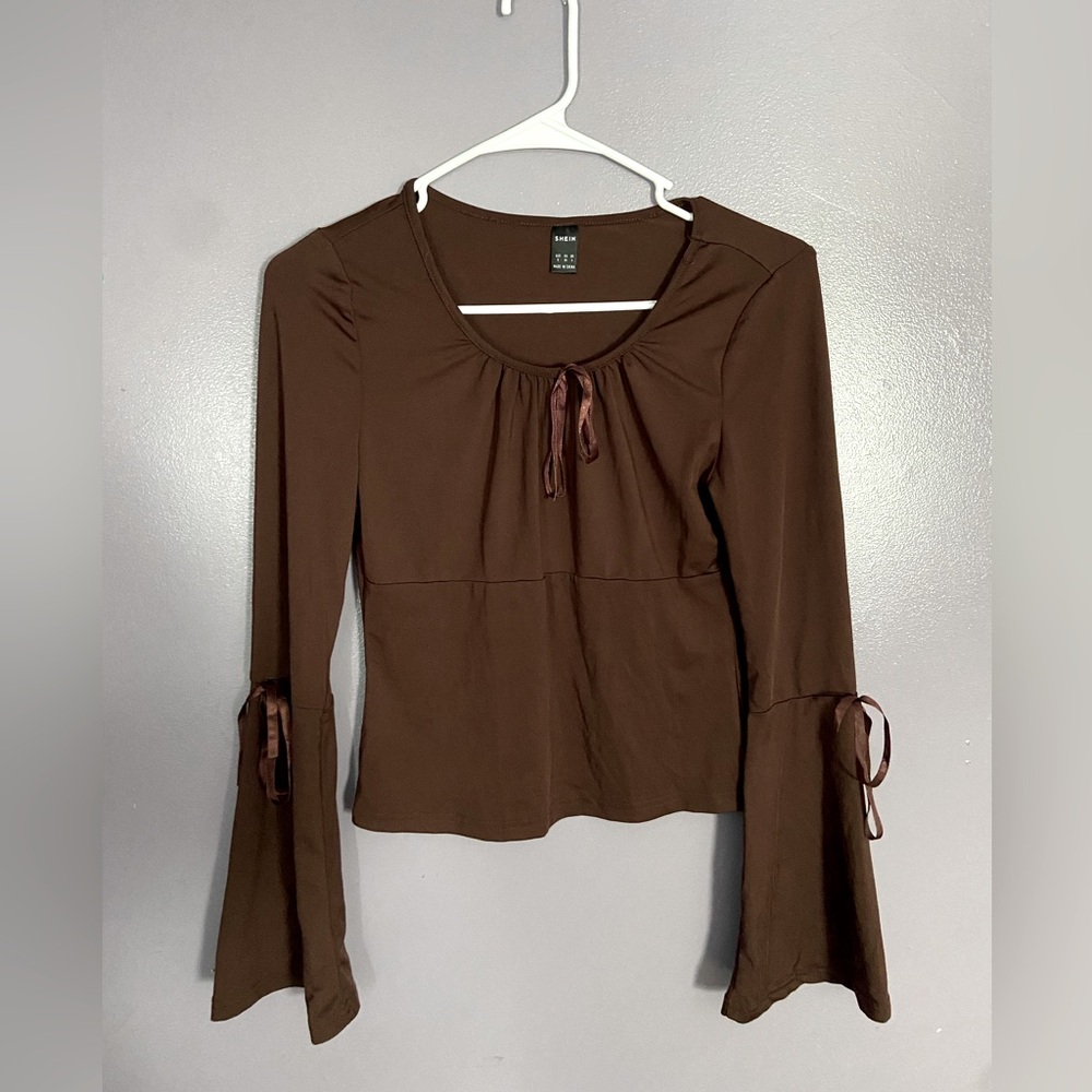 SHEIN Chocolate Brown Bell Sleeve Blouse